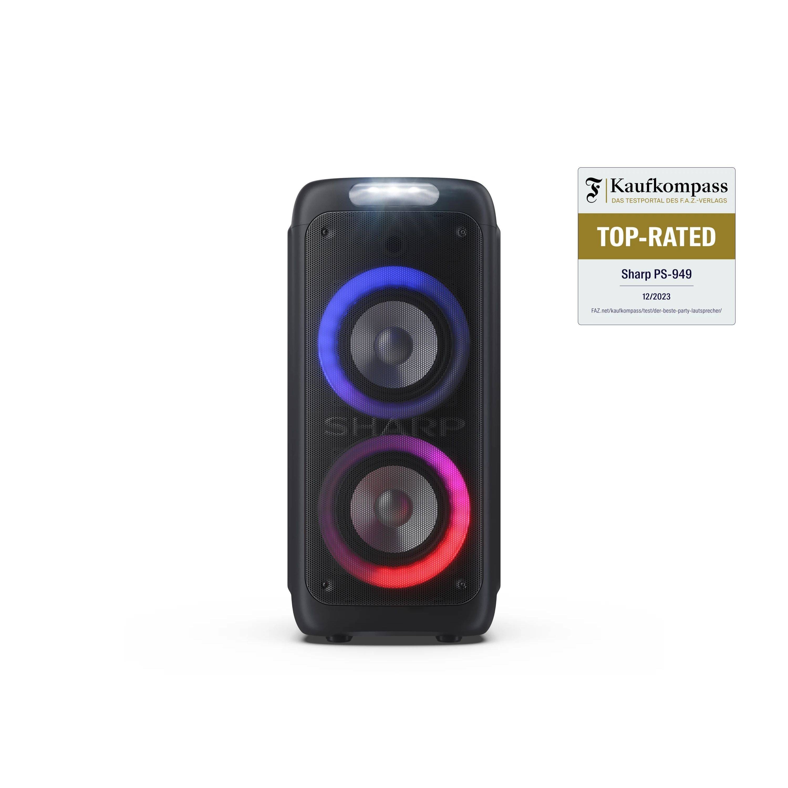 SHARP PS-949 – Party Lautsprecher 200W mit Bluetooth, Disco-Lichtern & DJ-Effekten – Mikrofon-/Gitarren-Eingänge, USB