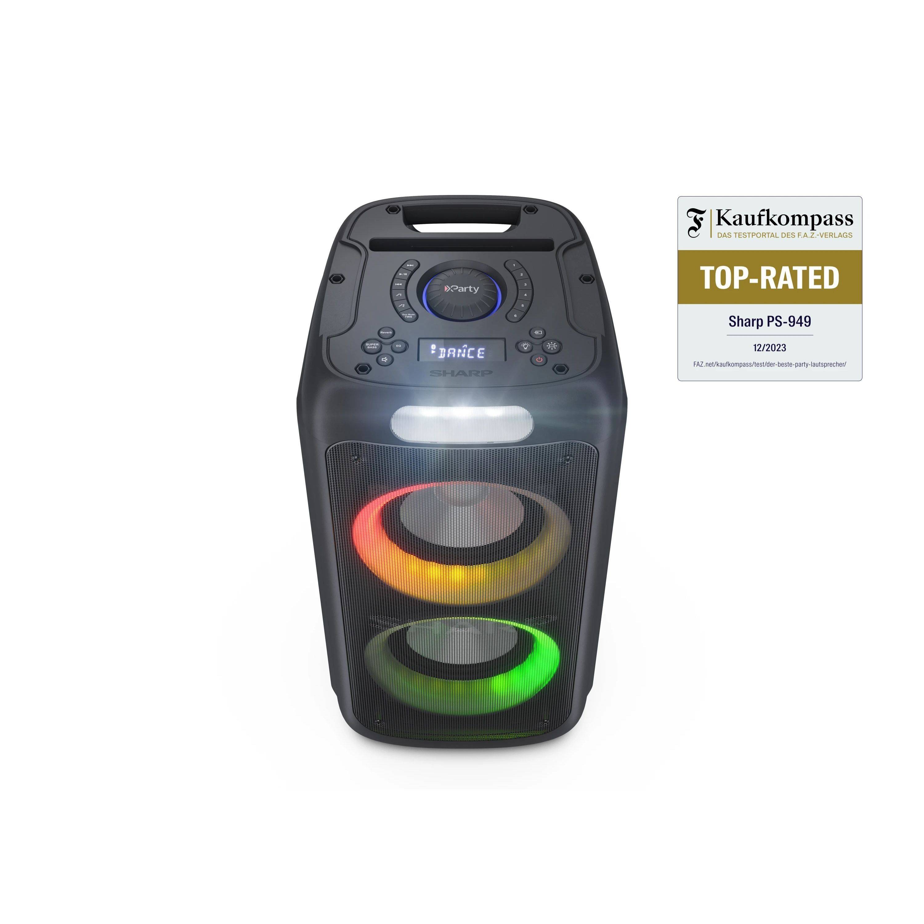 SHARP PS-949 – Party Lautsprecher 200W mit Bluetooth, Disco-Lichtern & DJ-Effekten – Mikrofon-/Gitarren-Eingänge, USB