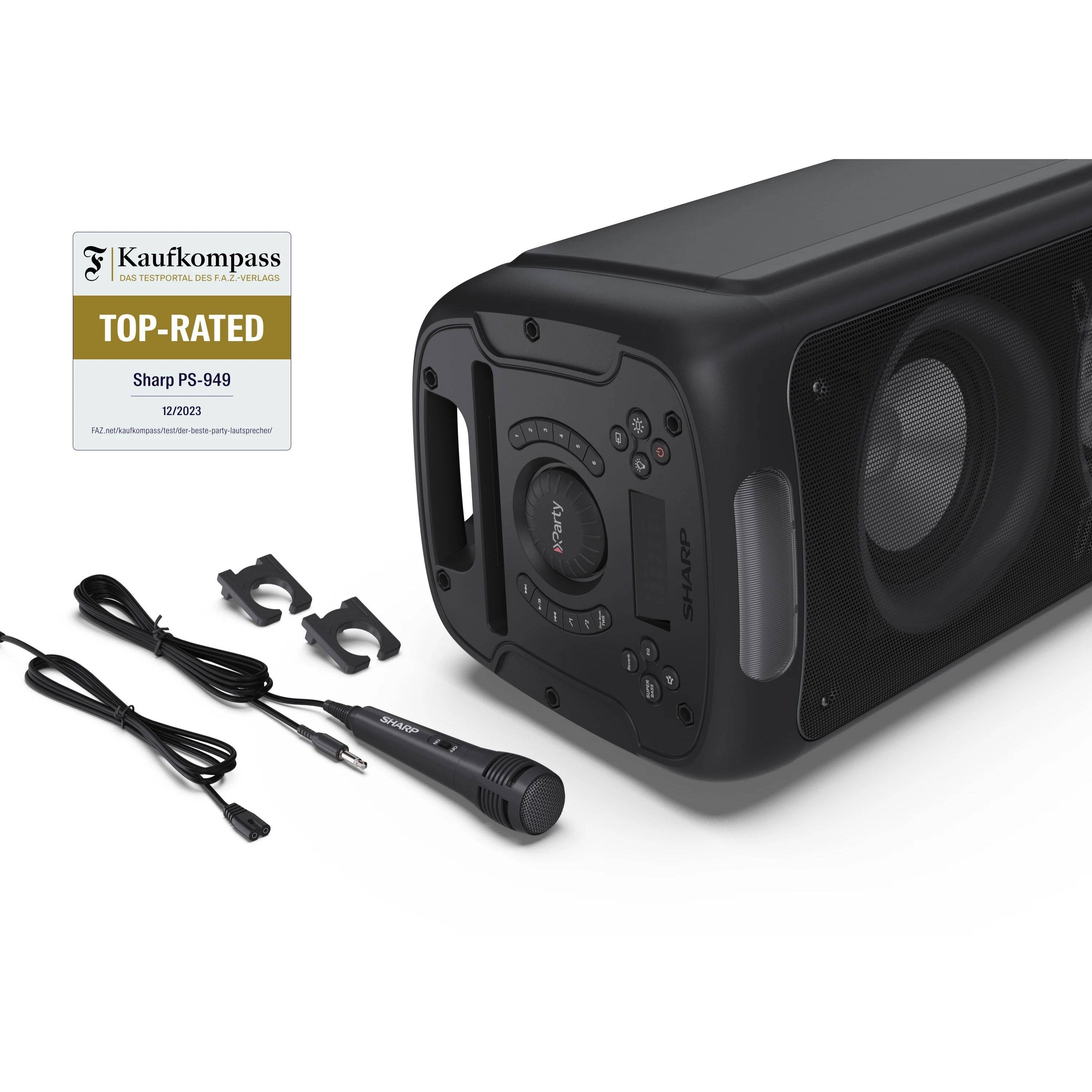 SHARP PS-949 – Party Lautsprecher 200W mit Bluetooth, Disco-Lichtern & DJ-Effekten – Mikrofon-/Gitarren-Eingänge, USB
