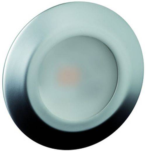 Eine runde, metallische LED-Leuchte mit einem mattierten Zentrum, bündig an einer Oberfläche montiert.