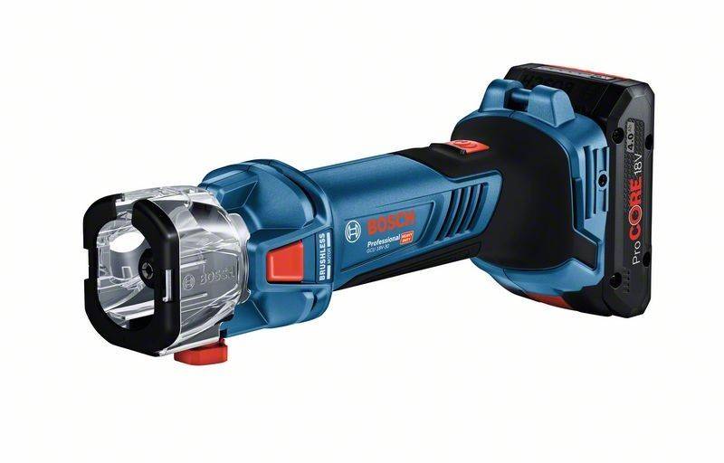 Ein 'Bosch Professional' Handgeräteakku-Werkzeug im Seitenprofil, in Blau mit schwarzen und roten Akzenten, ausgestattet mit einer transparenten Sicherheitsschutzvorrichtung.