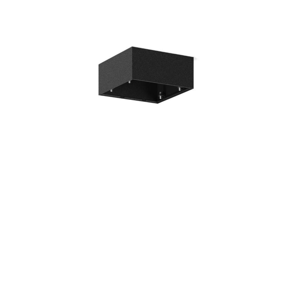 Eine schwarze, quadratische, an der Decke montierte Leuchte mit minimalistischem Design vor einem schlichten weißen Hintergrund.