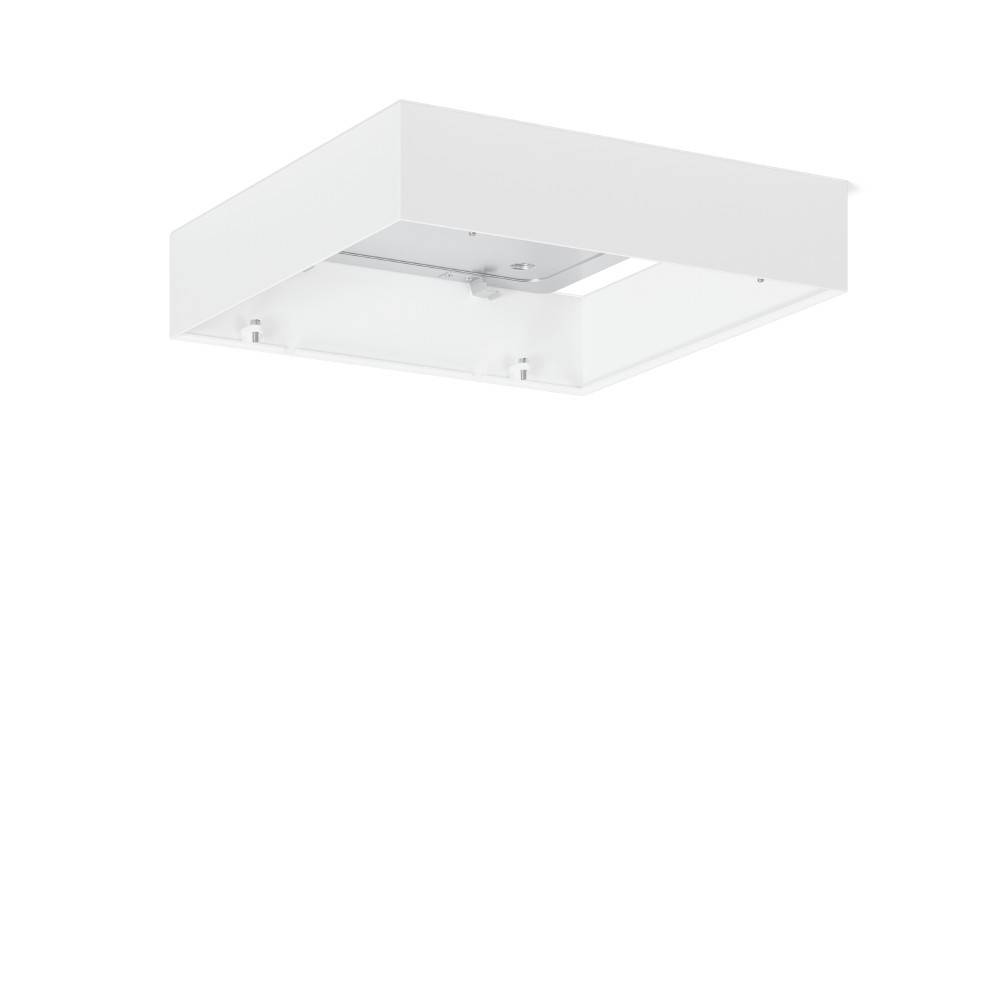 Eine weiße, quadratische Deckenleuchte mit minimalistischem Design, von unten betrachtet.