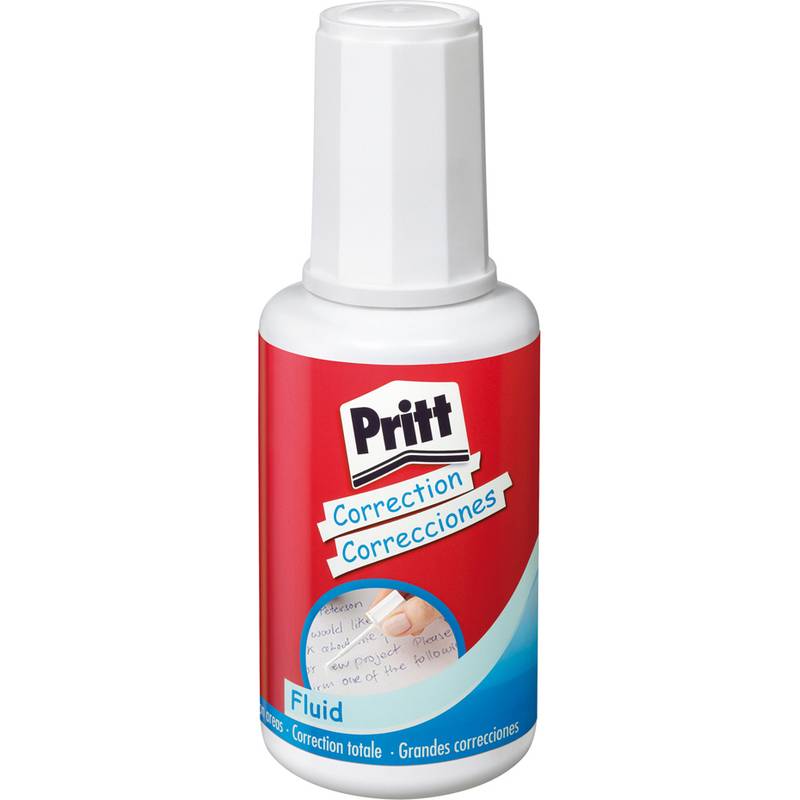Eine Flasche Pritt-Korrekturflüssigkeit mit einem weißen Deckel und einem roten Etikett, das den Text 'Correction Correcciones' trägt.
