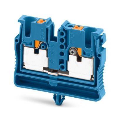 Ein blauer elektrischer Klemmleistenblock mit zwei Anschlussöffnungen, wobei die inneren Metallverbinder und orangefarbenen Entriegelungsmechanismen hervorgehoben sind.