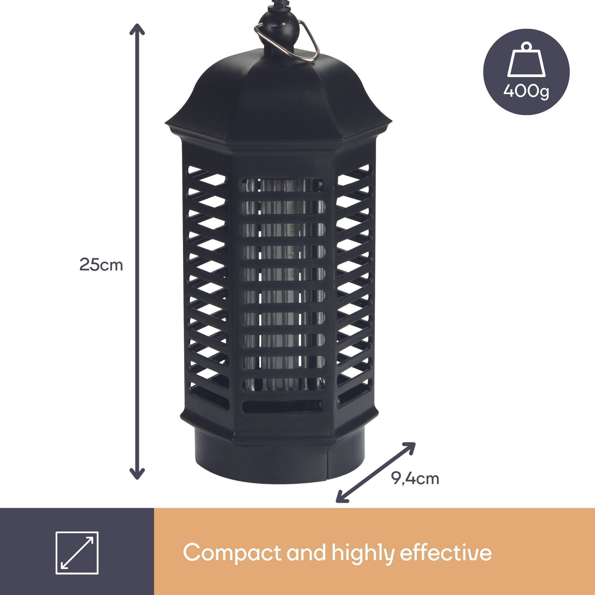 Perel Insektenvernichter, elektrisch, UV-LED, Hochspannungsgitter 1000 V, abnehmbare Auffangschale, 25 m², Schwarz