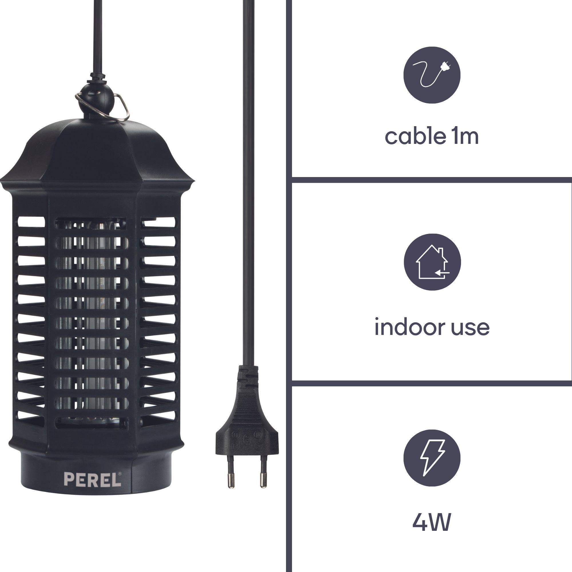 Perel Insektenvernichter, elektrisch, UV-LED, Hochspannungsgitter 1000 V, abnehmbare Auffangschale, 25 m², Schwarz