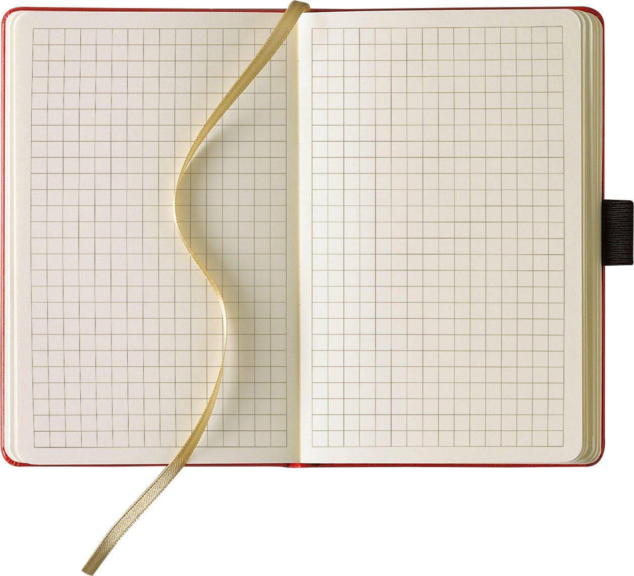 Offenes Notizbuch mit Karopapier, auf dem ein goldenes Stoffband als Lesezeichen zwischen den Seiten liegt.