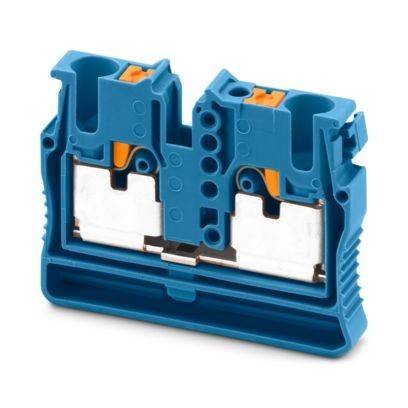 Blau-orange modularer elektrischer Anschlussblock mit Metallverbindern und Kunststoffgehäuse, verwendet für sichere Drahtverbindungen.