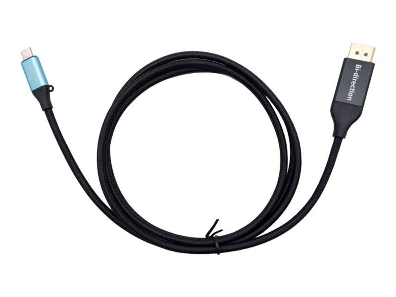 Schwarzes USB-Kabel mit USB-C-Stecker auf der einen Seite und bidirektionalem USB-A-Stecker auf der anderen Seite.