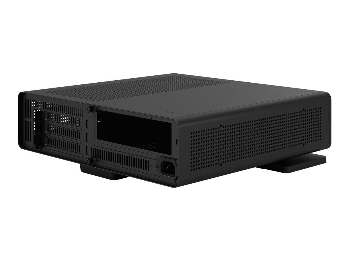 Schwarzes Rack-Mount-Server-Gehäuse in Perspektive auf weißem Hintergrund, mit belüfteten Seitenwänden und vorderen Laufwerk-Schachtöffnungen.