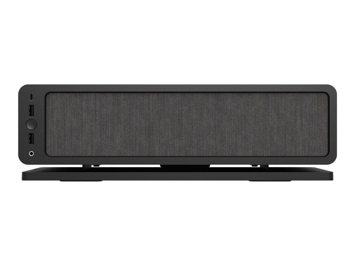 Kompakter schwarzer tragbarer Lautsprecher oder Soundbar mit Frontgitter, seitlicher Stromanschaltfläche, USB-Anschlüssen und einem Ständer auf weißem Hintergrund