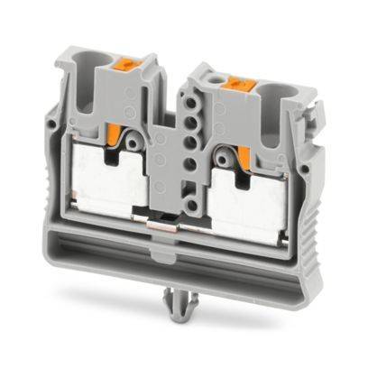 Ein graues Elektroklemmleistenblock mit zwei Anschlusspunkten und orangefarbenen Hebeln, verwendet zum Verbinden und Sichern von elektrischen Drähten.