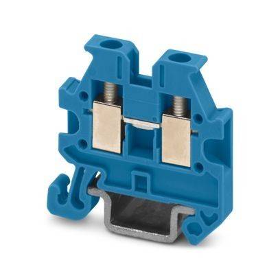 Ein blauer Klemmleistenblock mit Metallkontakten, der für elektrische Verbindungen konzipiert ist und Befestigungspunkte sowie eine sichere, kompakte Struktur aufweist.