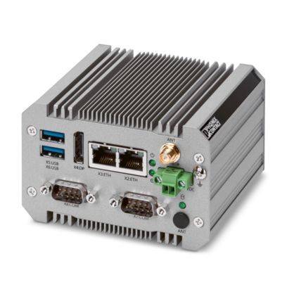 Kompakter Industrie-Computer mit USB, Ethernet, Seriellports und Antennenanschluss, verwendet für Automatisierungs- und Steueranwendungen.