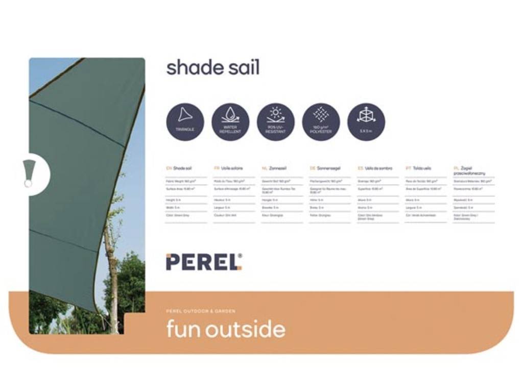 Perel Sonnensegel, wasserabweisend, 5 x 5 x 5 m, 160 g/m², Polyester, Dreieck, Grüngrau