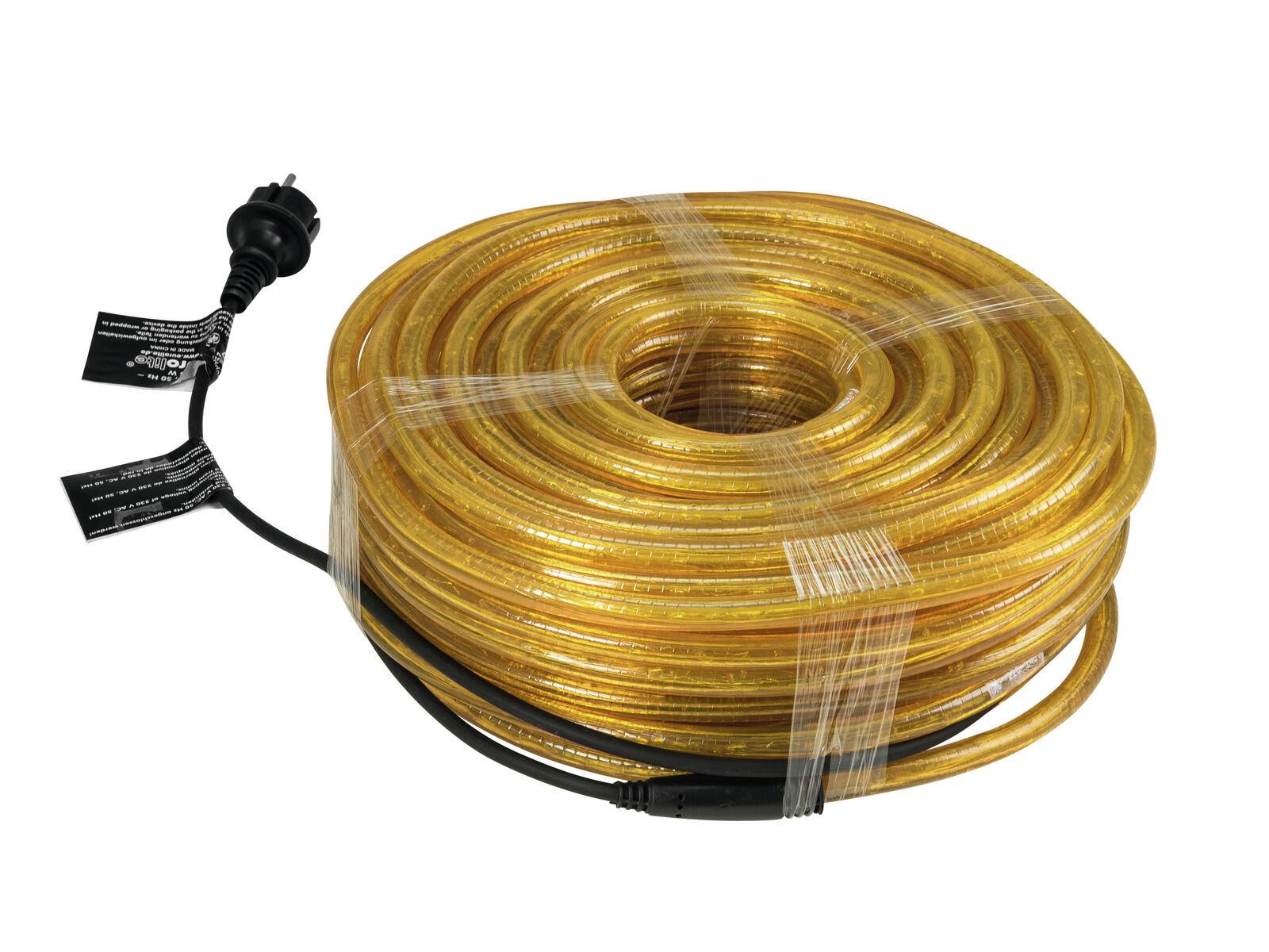 Gelbe LED-Lichterkette in Spulenform mit Stecker, geeignet für dekorative Beleuchtung oder Außenbereich.