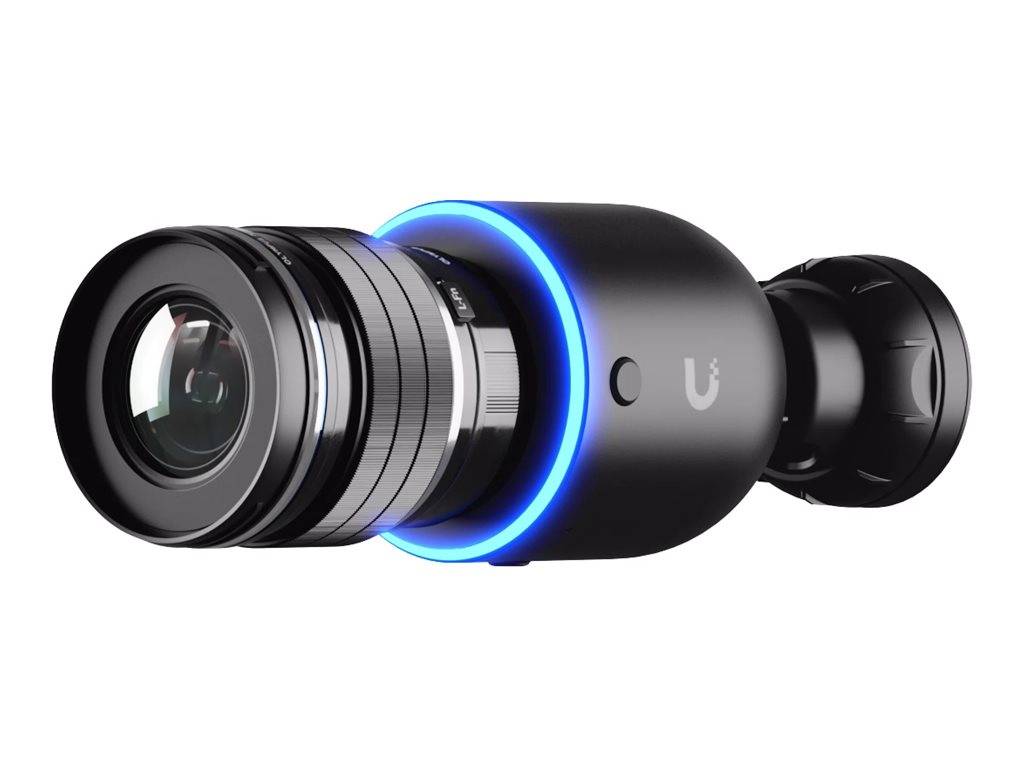 Ein schwarzes zylindrisches Kameraobjektiv oder Smart-Kamera-Modul auf weißem Hintergrund, das einen leuchtenden blauen Ring nahe der Mitte aufweist.