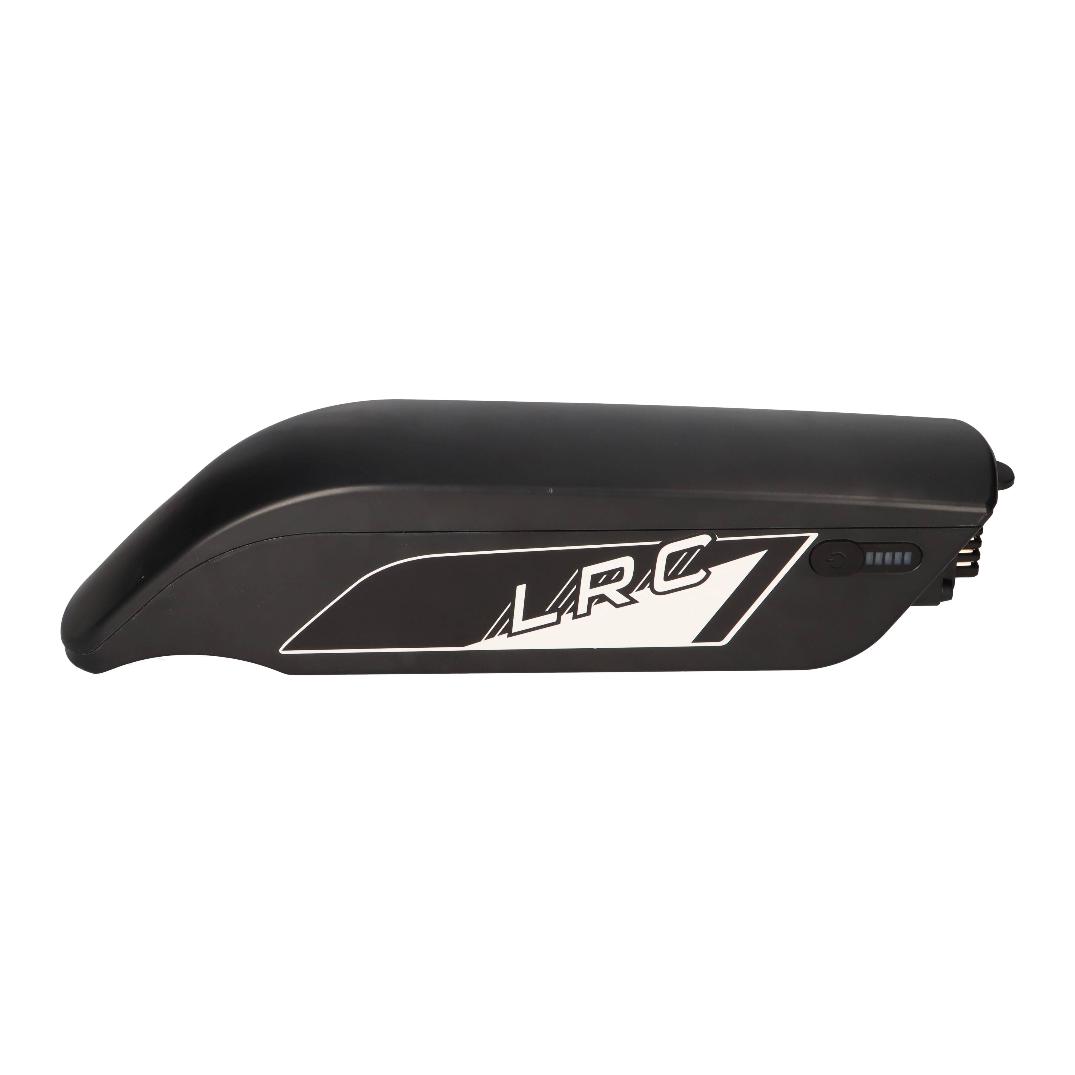 Schwarzes LRC7-Batteriepaket mit weißem Logo, dargestellt in Seitenansicht auf einfachem weißem Hintergrund.