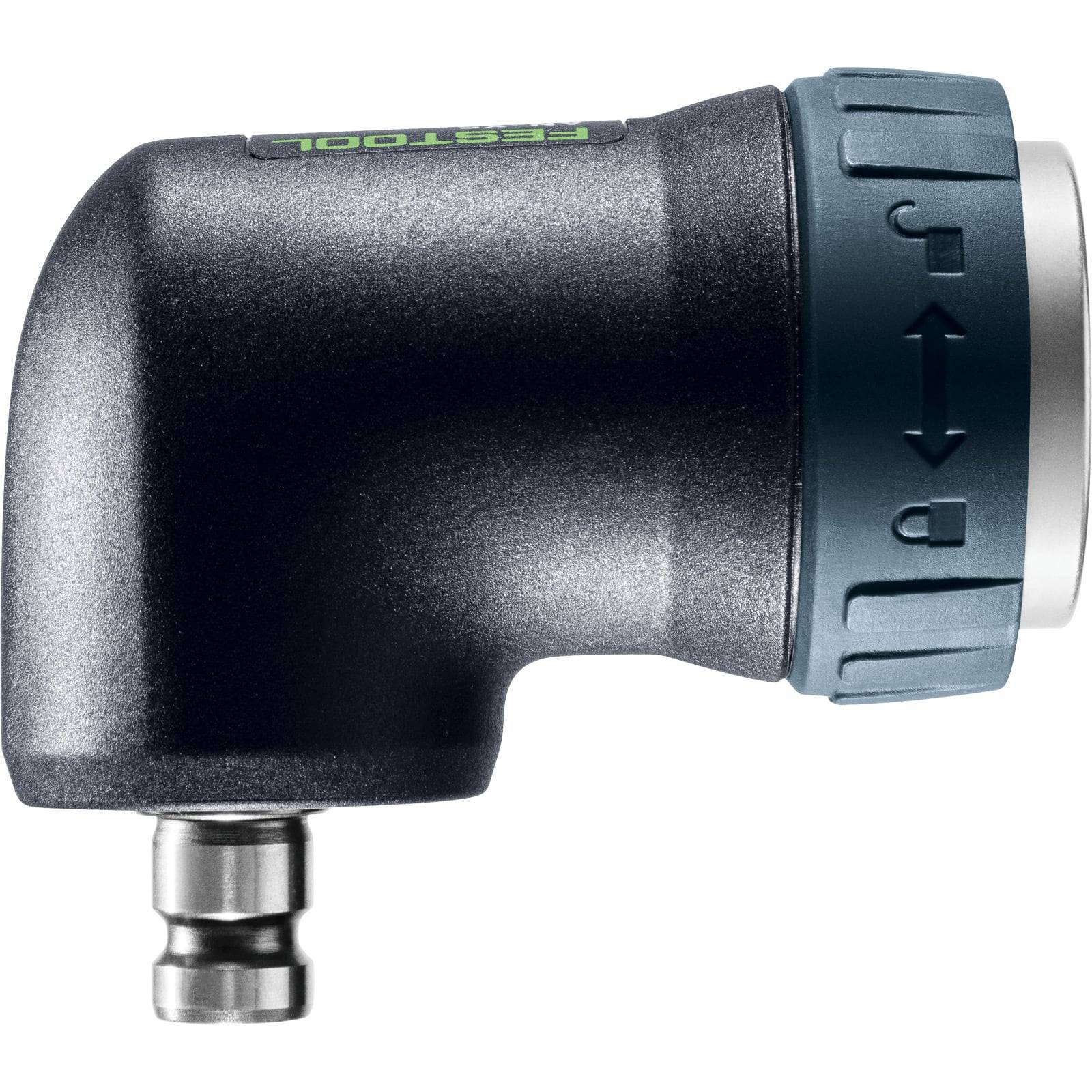 Winkelbohraufsatz der Marke 'Festool' in Schwarz und Blau, der den Bohrfutter und den Verstellkragen für Winkelbohrungen in engen Bereichen zeigt.