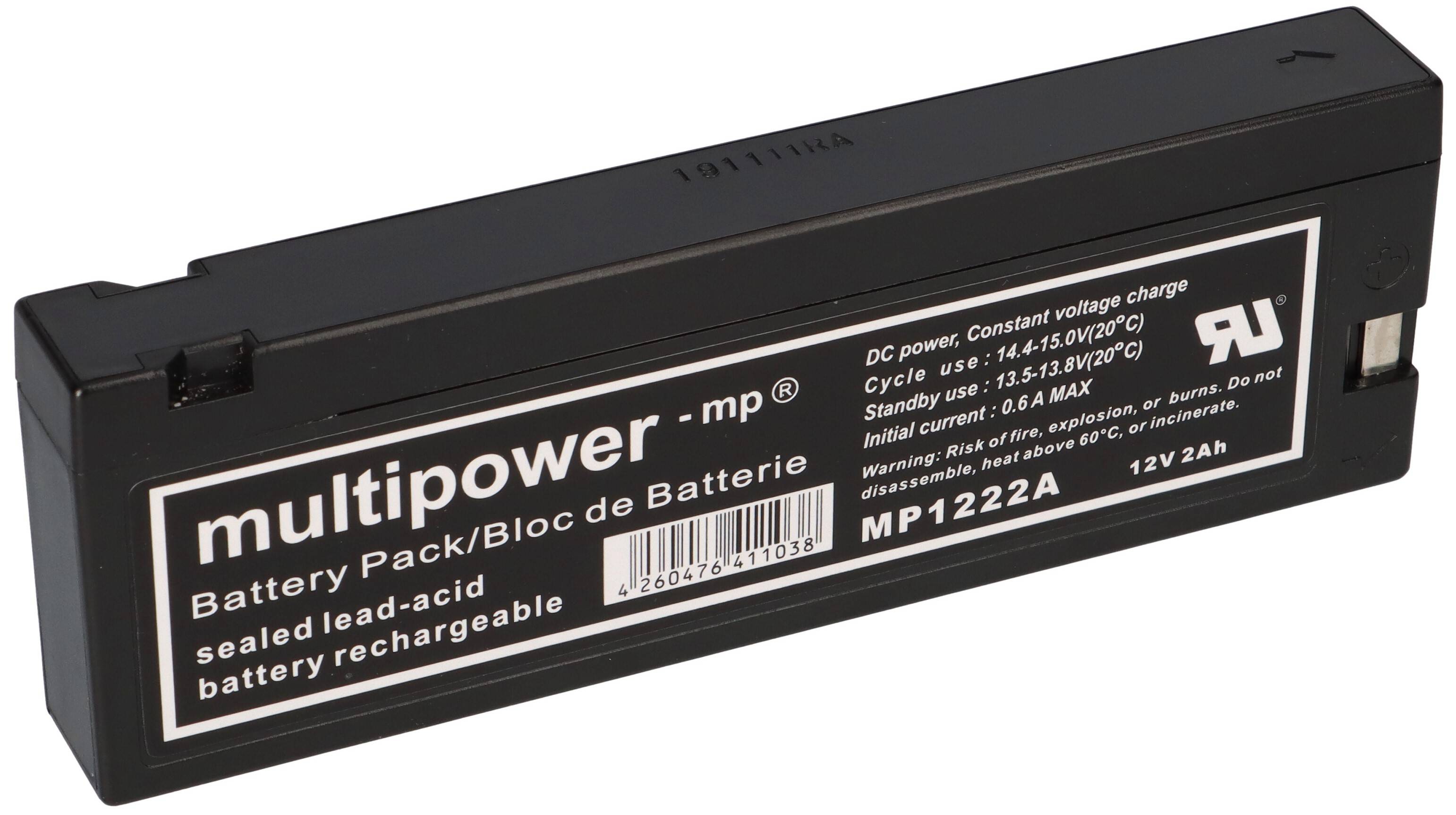 Schwarze Multipower MP1222A versiegelte Blei-Säure-Akku-Batterie mit Etikett, das eine Kapazität von 12V 2,2Ah anzeigt.