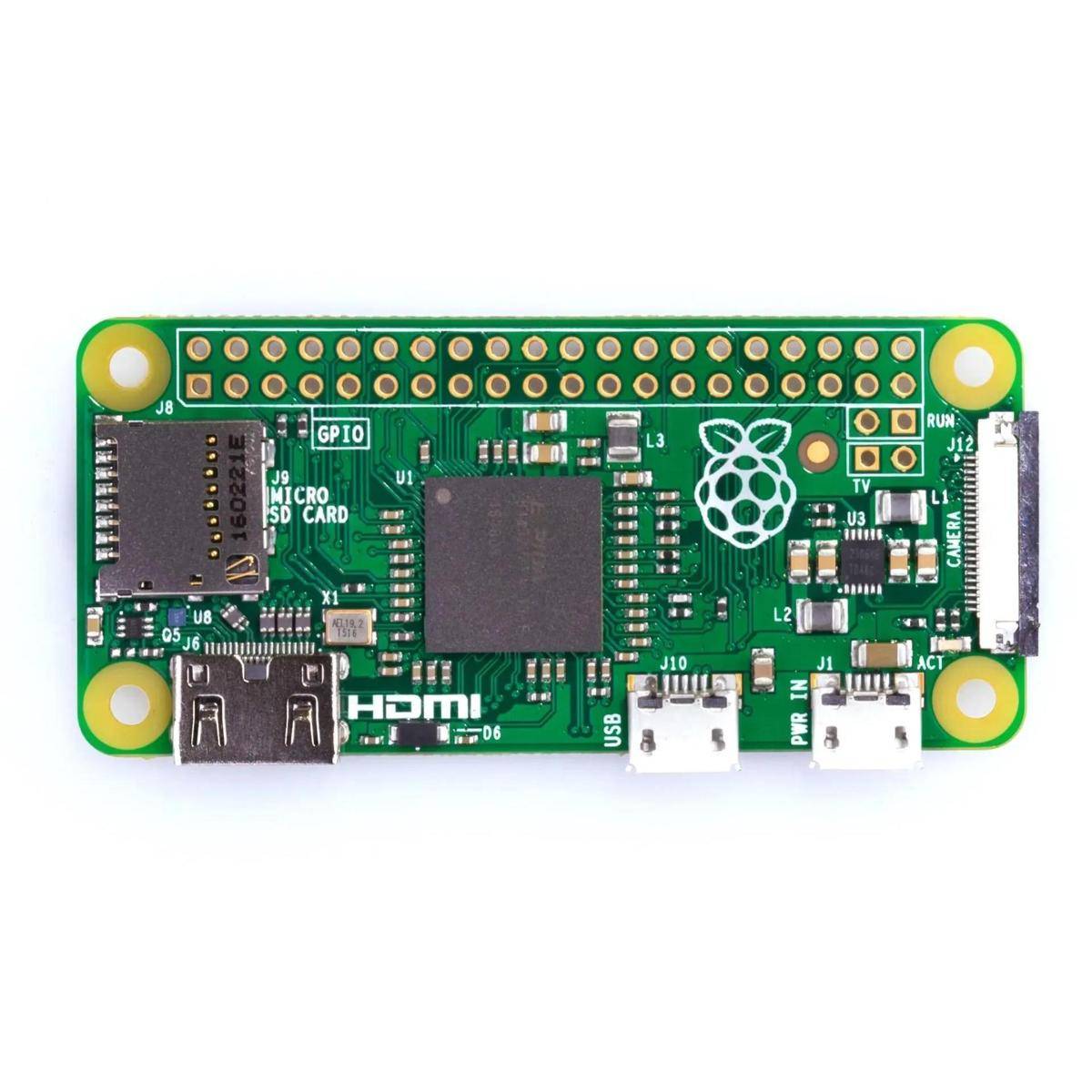 Raspberry Pi Zero W, eine kleine Computerplatine mit microSD-Kartensteckplatz, HDMI-Ausgang und GPIO-Pins, geeignet für kompakte elektronische Projekte.