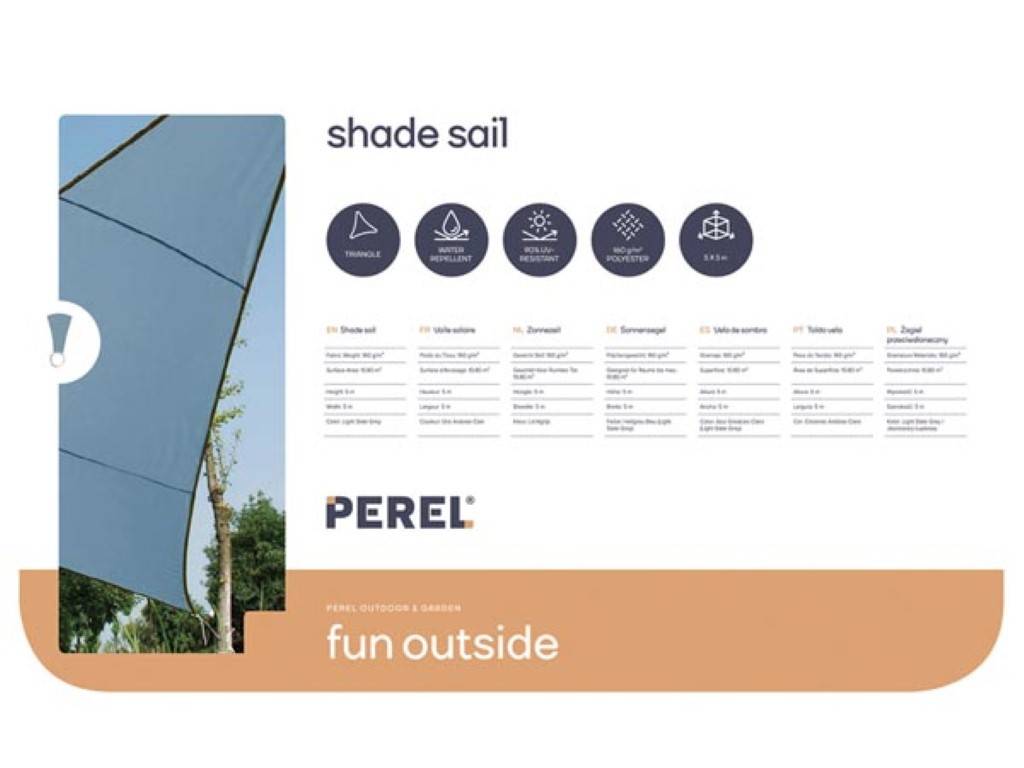 Perel Sonnensegel, wasserabweisend, 5 x 5 x 5 m, 160 g/m², Polyester, Dreieck, Hellgrau