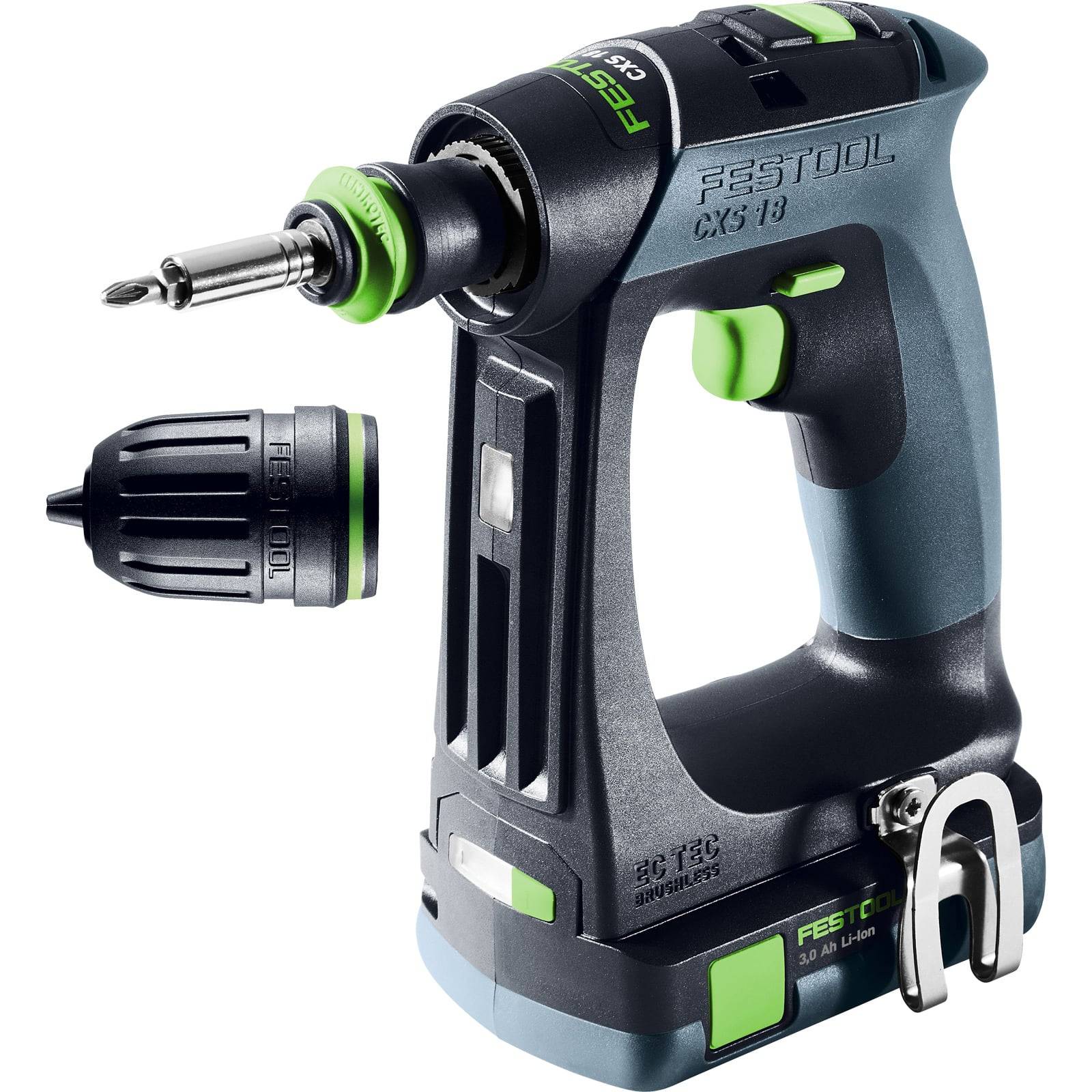 Eine kompakte Festool Akku-Bohrmaschine mit Bit und zusätzlicher Bohrfutterspannvorrichtung, die ein ergonomisches Design und ein grün-schwarzes Farbschema aufweist.
