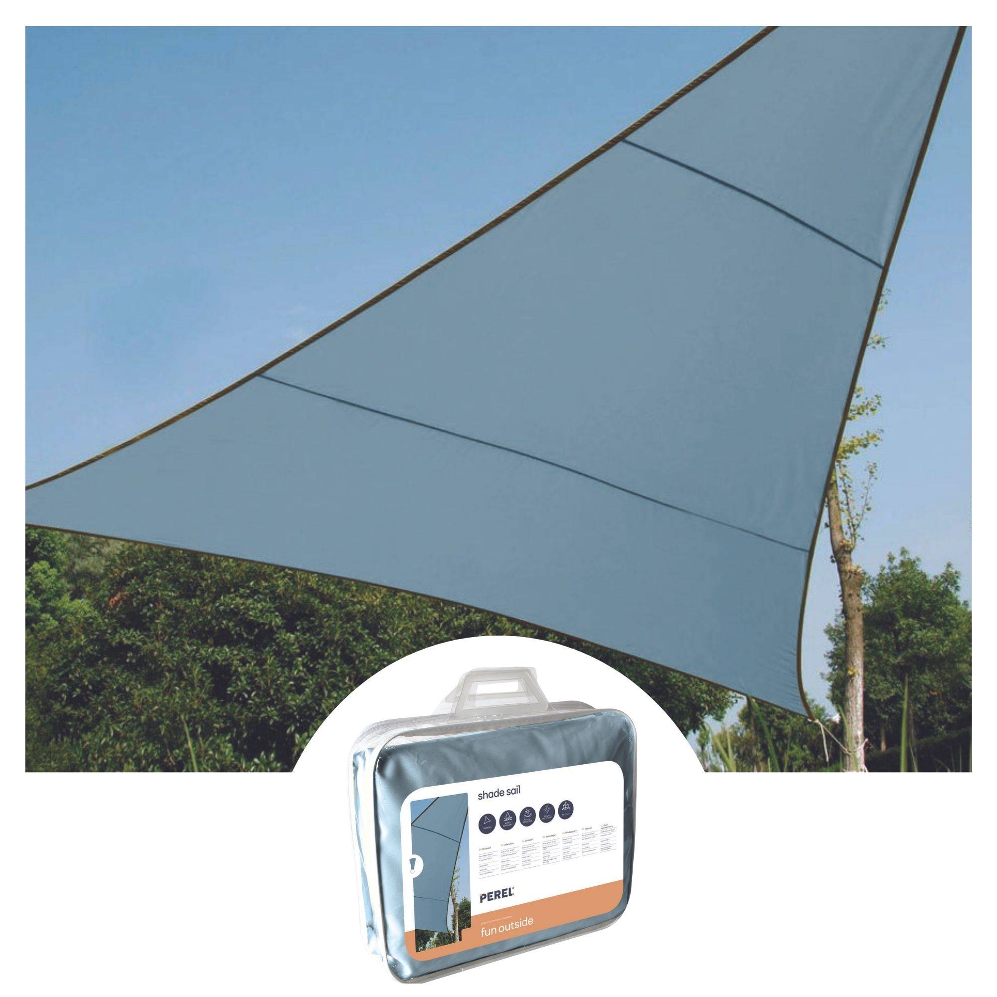 Tragbares Sonnenschutzsegel-Set, das unter einem großen grauen Baldachin vor blauem Himmel angezeigt wird, mit dem Produktkoffer darunter.