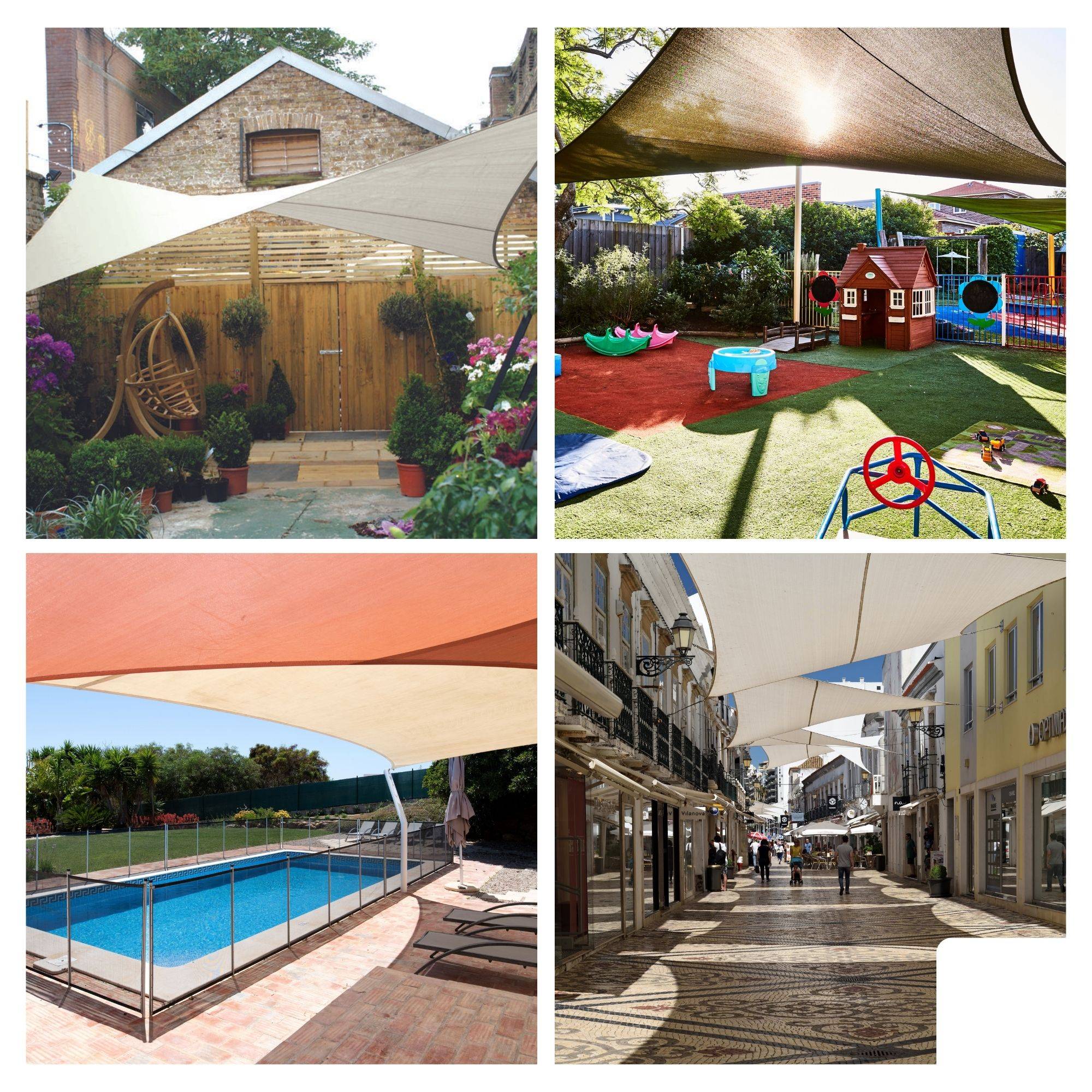 Collage von Sonnensegeln im Freien über einer Terasse im Hinterhof, einem Spielplatz, einem Swimmingpool und einer Fußgängerzone, das Sonnenschutz in verschiedenen Umgebungen zeigt.