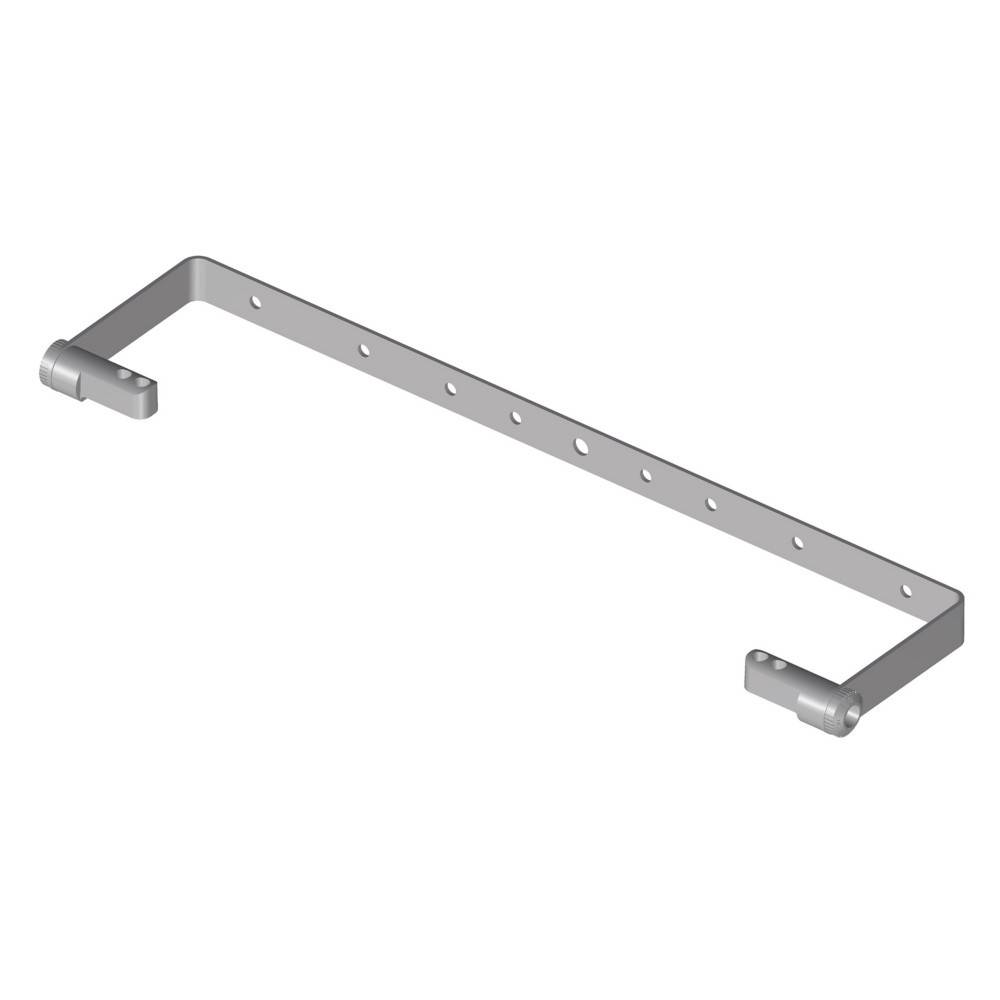 Graues Metallklammern mit einer langen perforierten Stange und zwei gebogenen Endhalterungen, auf weißem Hintergrund dargestellt.