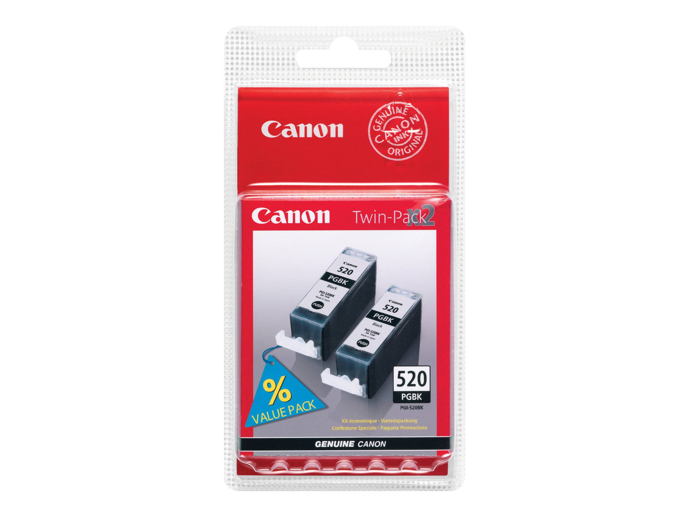 Canon Zweipack Original-Tintenpatronen in roter Verpackung, gekennzeichnet mit 520 PGBK und 521, mit der Kennzeichnung 