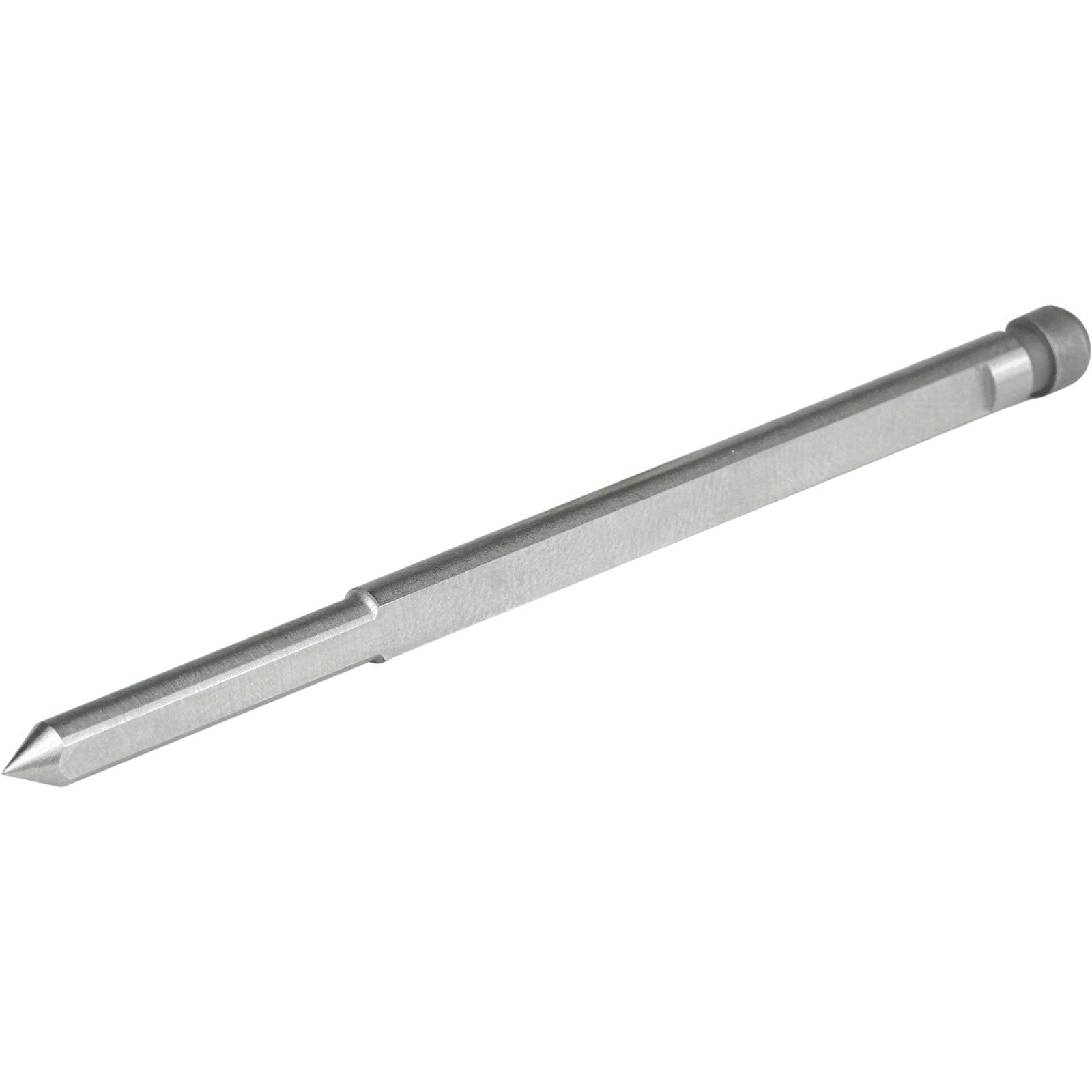 Ein Metallstanzwerkzeug mit einer scharfen, spitzen Spitze und einem sechseckigen Schaft, das zum Eindrücken oder Markieren von Oberflächen verwendet wird.