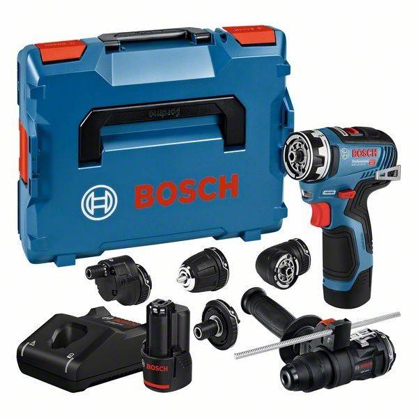 Bosch Akkuschrauber-Set mit blauer Bohrmaschine, verschiedenen Aufsätzen, Akku, Ladegerät und Transportkoffer, ideal für vielseitige Anwendungen.