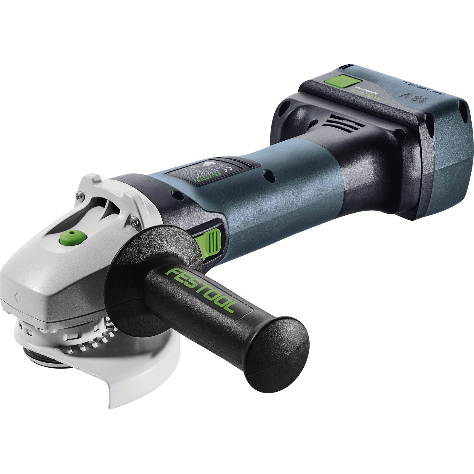 Festool Akku-Winkelschleifer mit kompaktem Design, ergonomischem Griff und sichtbarem Akkupack, ideal für präzise Schneidarbeiten.