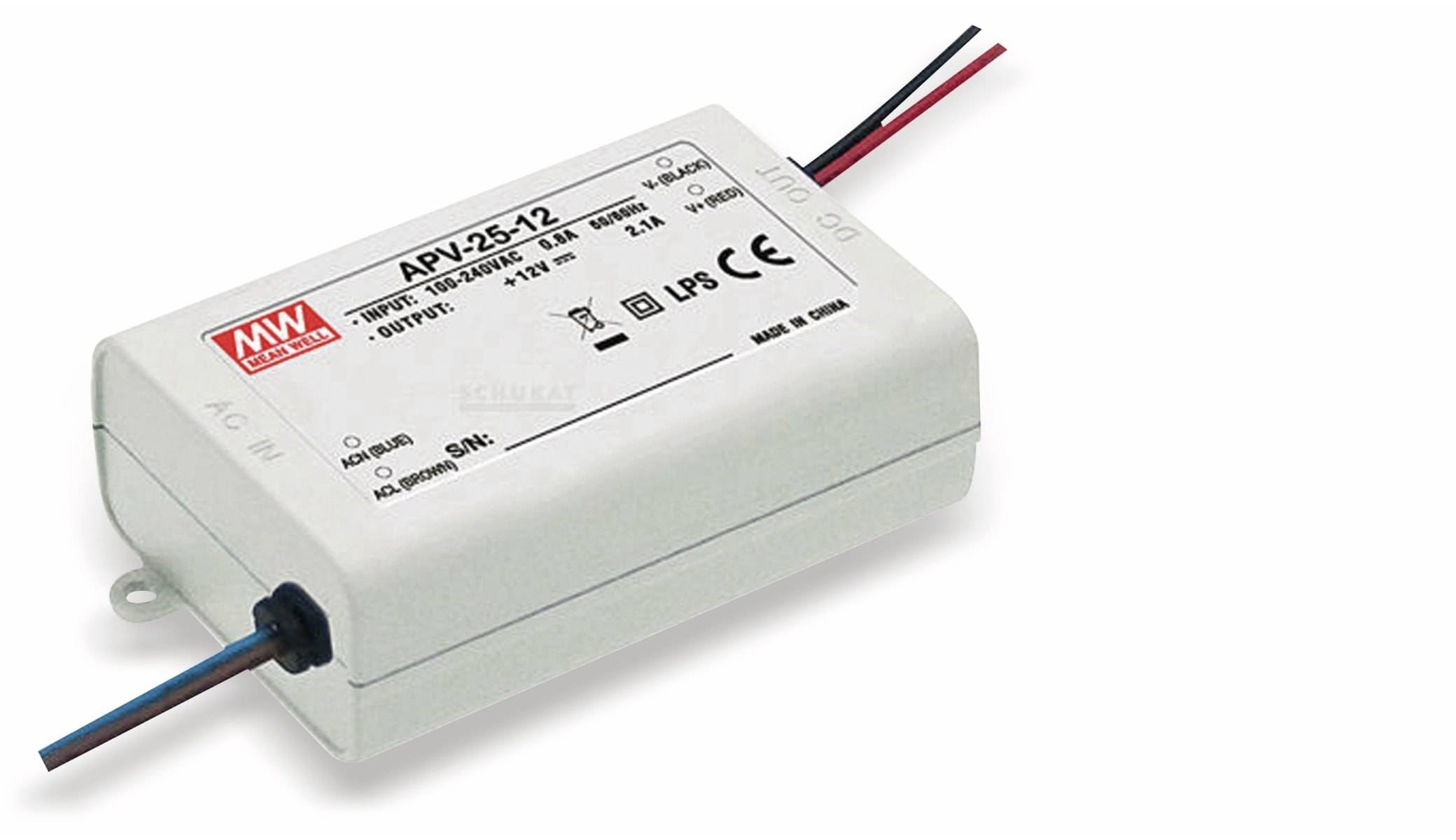 Ein rechteckiges Netzteil mit der Bezeichnung 'APV-25-12', auf dessen Oberfläche Eingabe- und Ausgabespezifikationen angegeben sind. Es verfügt über rote und schwarze Kabel.