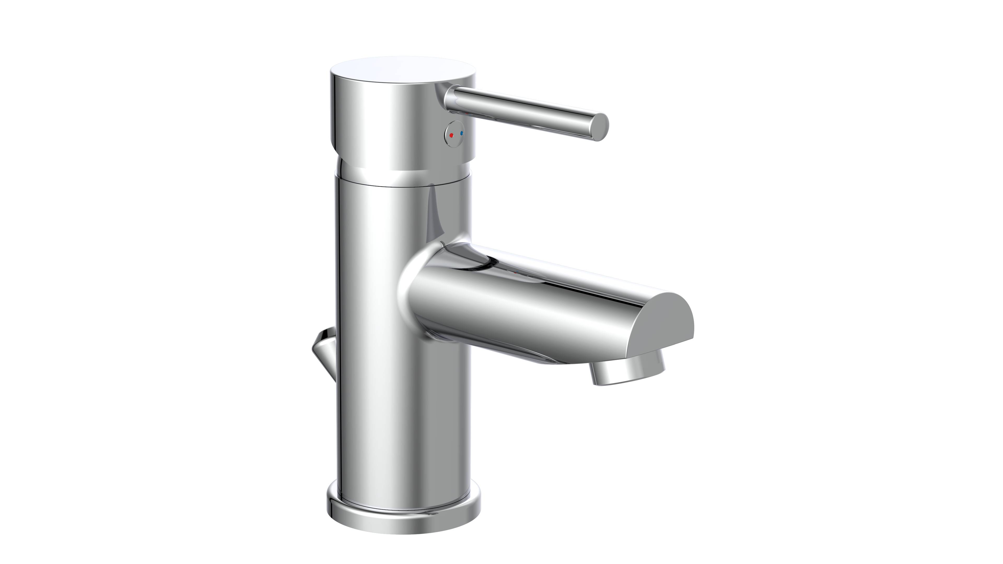 Ein eleganter, moderner Chromwasserhahn mit einem einfachen Hebelhahn auf schwarzem Hintergrund, der häufig in zeitgenössischen Badezimmerdesigns verwendet wird.