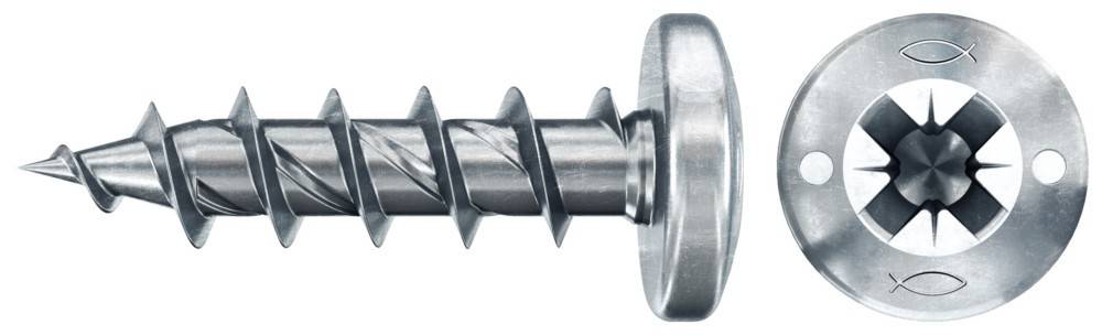 Eine Nahaufnahme einer metallischen Schraube mit einem großen runden Kopf und spiralförmigen Rillen entlang ihresSchaftes.