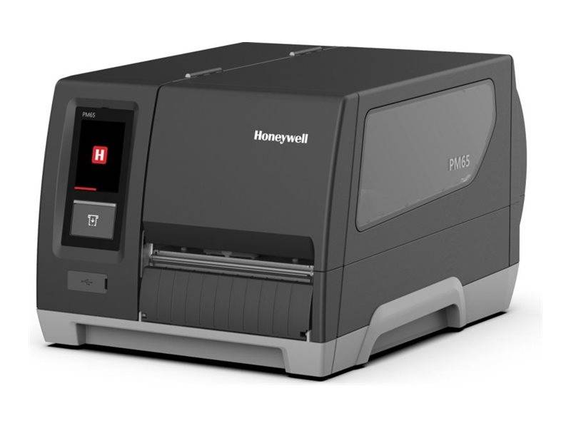 Honeywell PM65 Industrieller Etikettendrucker, dargestellt in einem schwarzgrauen Produktfoto, mit Frontsteuerungsbildschirm und Etikettenausgabeschacht.