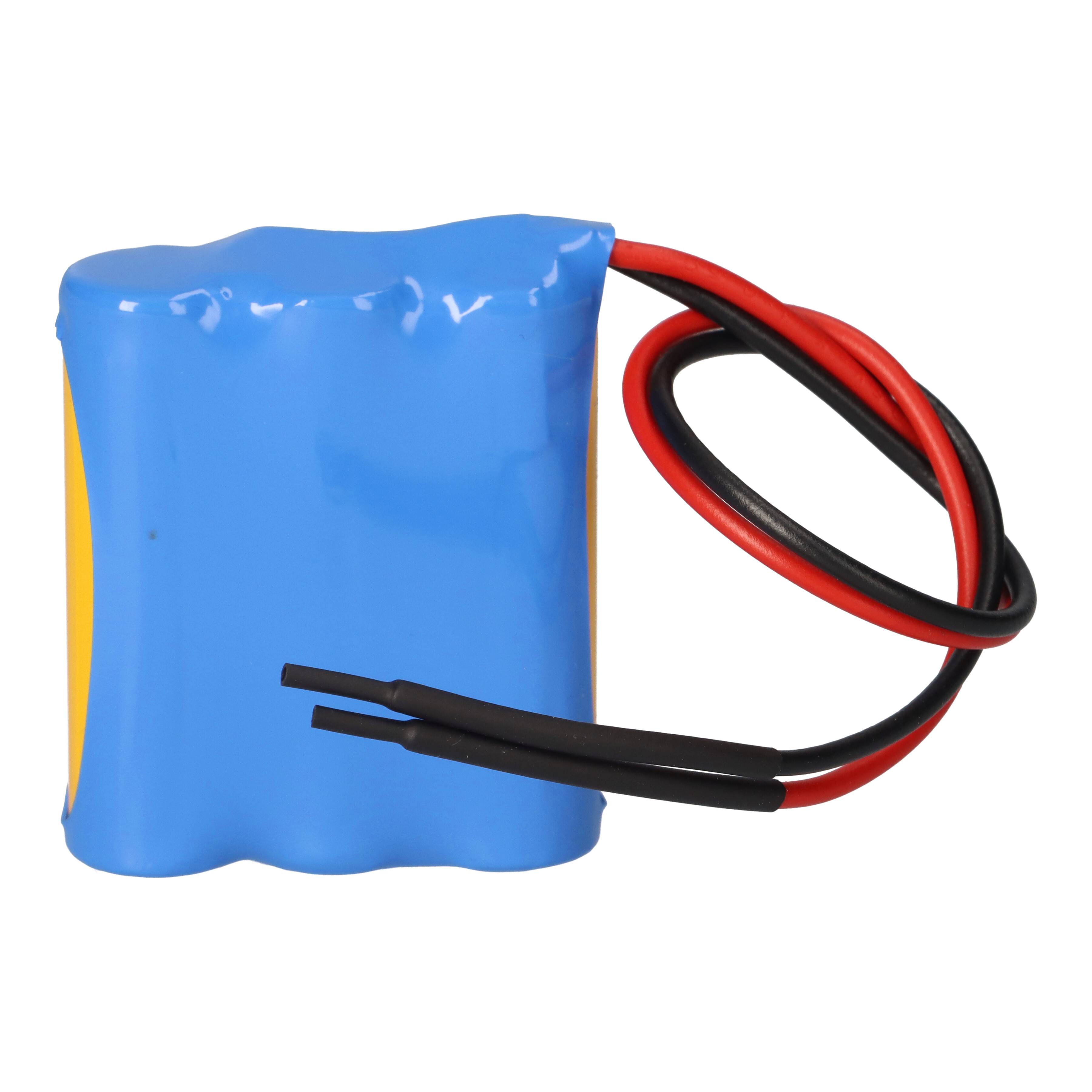 Blaueres wiederaufladbares Batteriepaket mit roten und schwarzen Drähten, die von einer Seite abgehen.