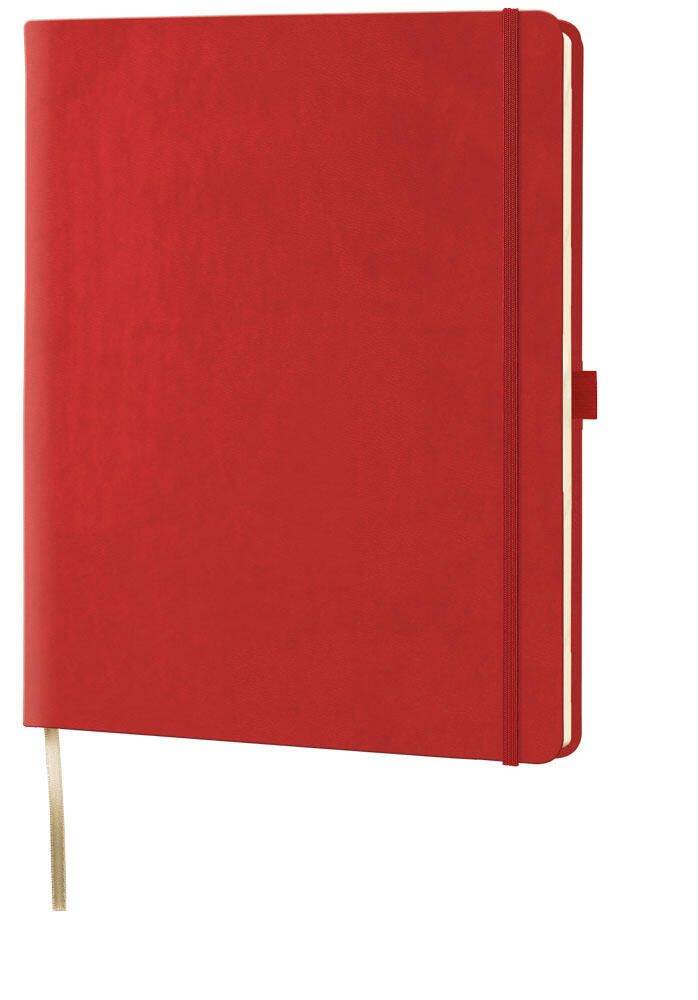 Rotes Hardcover-Notizbuch mit Lesezeichen aus Band, geschlossen auf weißem Hintergrund gezeigt.