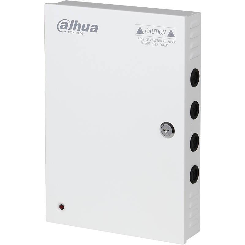 Metallisches elektronisches Gehäuse mit Dahua-Technologie-Logo, abschließbarem Frontpanel, Kabeleinführungspunkte an der Seite und Warnschild für elektrischen Schlag.