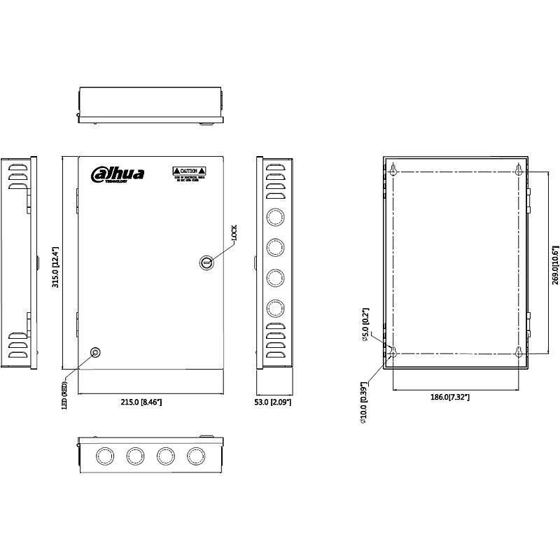 Technische Zeichnung eines Dahua-Elektroschaltkastens mit Abmessungen: 215,0 mm Höhe, 315,0 mm Breite und 53,0 mm Tiefe.