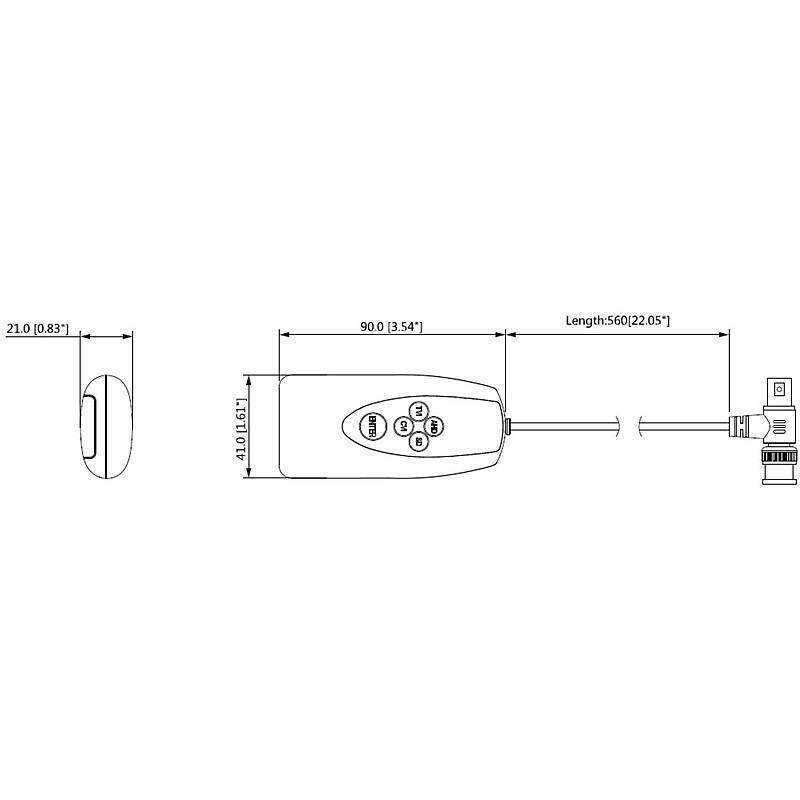 Technisches Diagramm eines Geräts mit Abmessungen: Breite 21mm (0,83