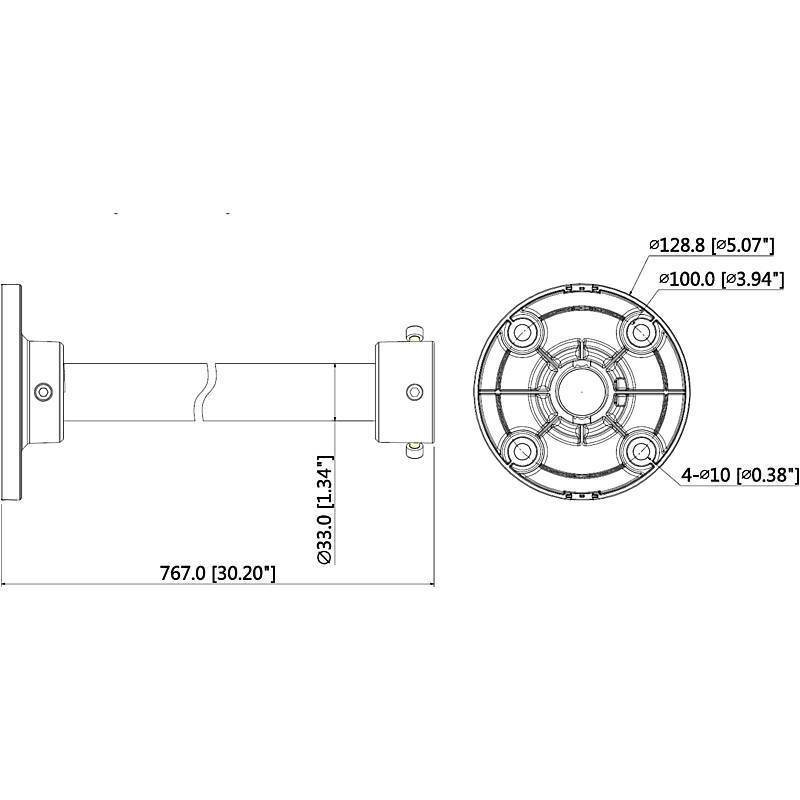 Technische Zeichnung einer zylindrischen Komponente mit folgenden Abmessungen: Länge 767 mm, Durchmesser oben 128,8 mm und Durchmesser unten 100,0 mm.