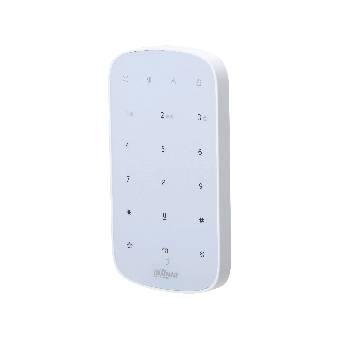 Weiße wandmontierte digitale Tastatur mit Nummernschaltern auf einfachem schwarzem Hintergrund.