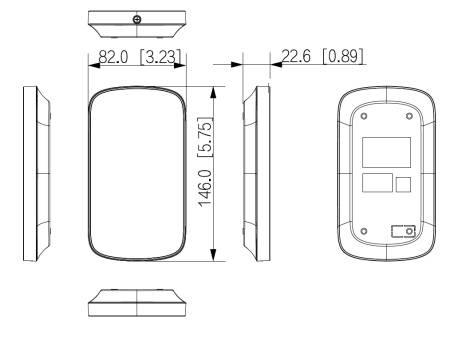 Technische Linienzeichnung eines Gerätegehäuses dargestellt in Front-, Seiten- und Draufsicht mit Abmessungen: 82,0 mm breit, 146,0 mm hoch und 22,6 mm tief.
