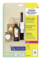 Avery Zweckform Geschenkanhänger-Set mit 230g Kartonanhängern, 10 Laserbeschriftungen und dekorativem Bindfaden, dargestellt auf einer gelb-beigen Verpackung.