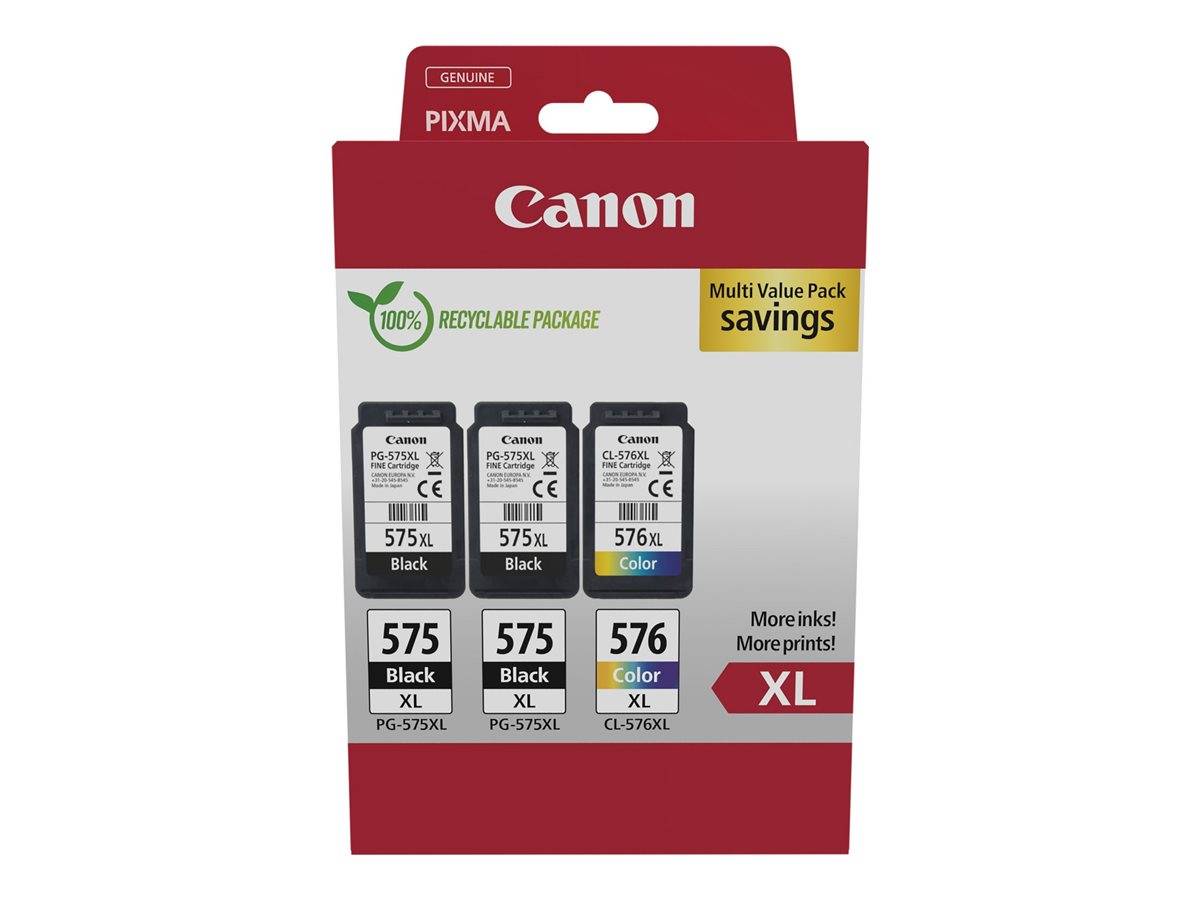 Canon PIXMA Original Multi-Wert-Pack mit drei XL-Tintenpatronen: zwei 575 Schwarz und eine 576 Farbe, mit Recycling-Kennzeichnung und Sparhinweis.