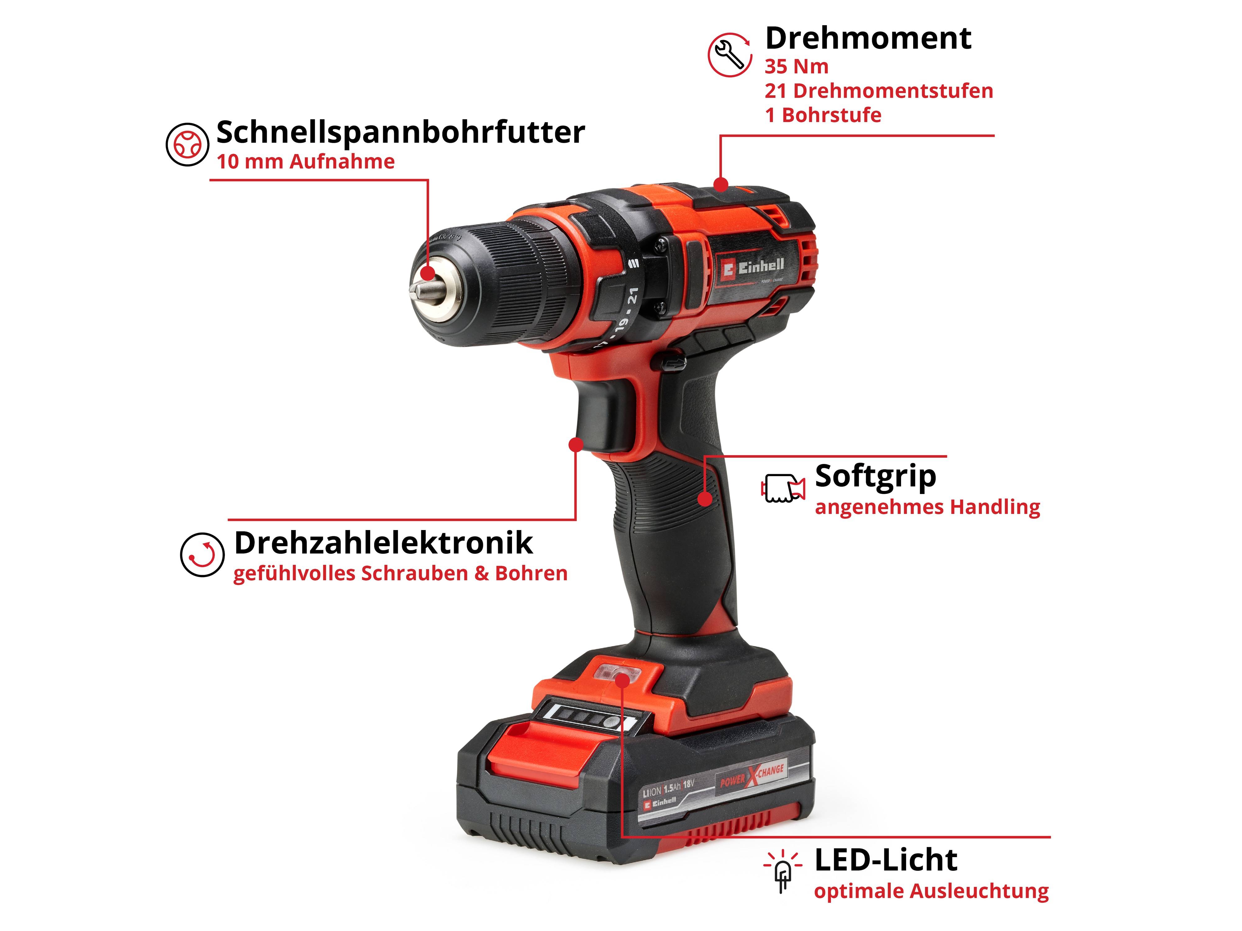 EINHELL Akku-Bohrschrauber TC-CD 18/35 Li Kit, 1,5 Ah